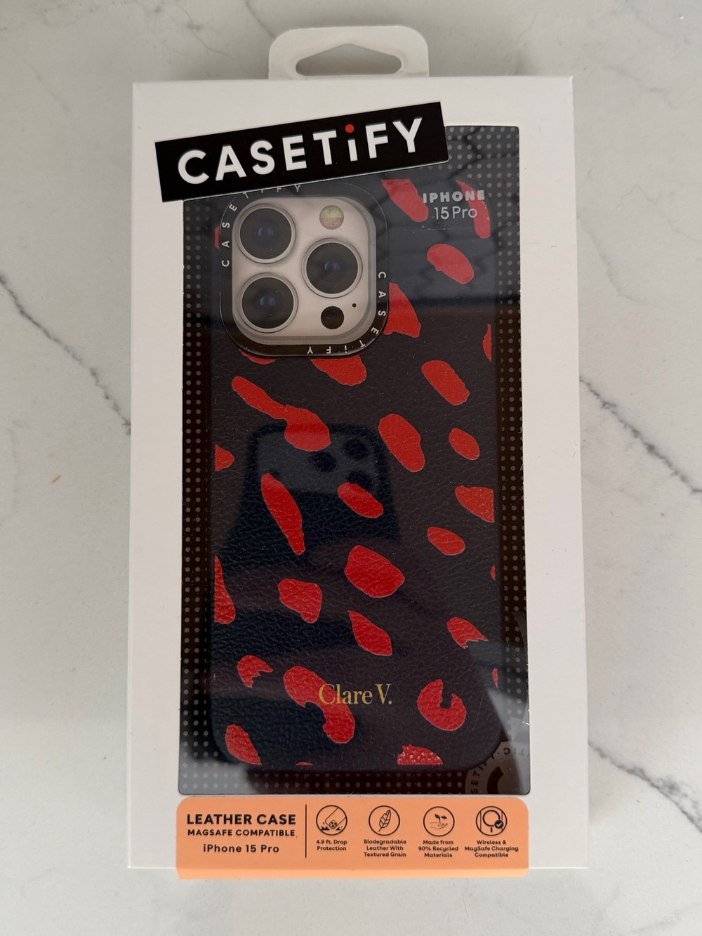 Clare V. x Casetify Navy with Poppy Jaguar Print Leather iPhone 15 Pro Case